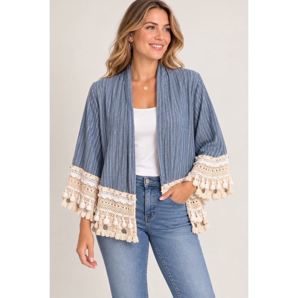 Zara Kimono Jacket Womens S Blue Excellent Stripe Boho Crochet Tassel Coin